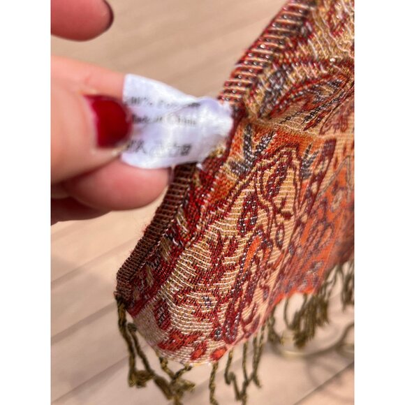 Vtg Wrap Shawl 1980’s Shades Of Orange With Silver Thread Paisley & Geometric - Picture 10 of 10